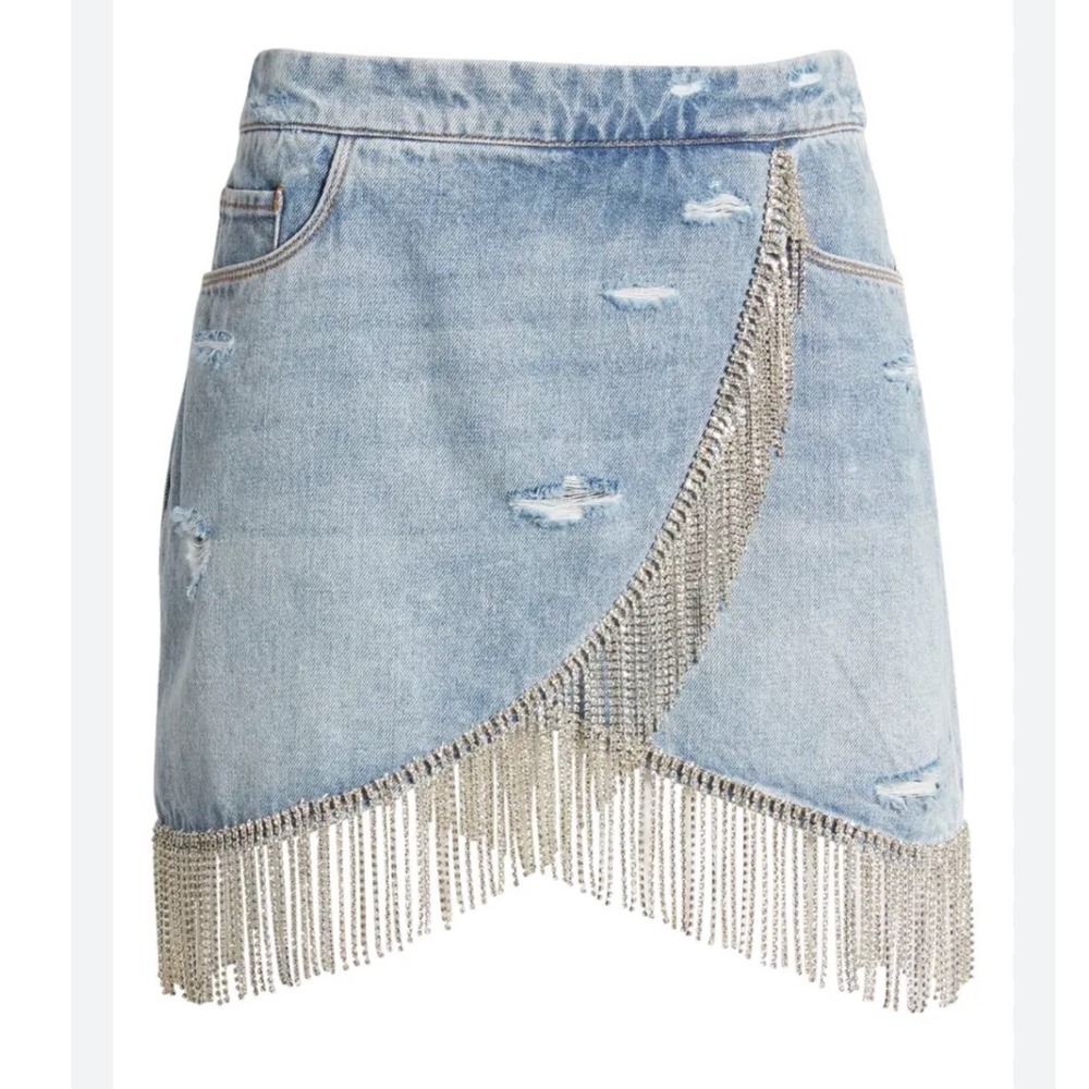 BLANKNYC Rhinestone Fringe Distressed Denim‎ Mini Skirt sz 25 Festival Rodeo